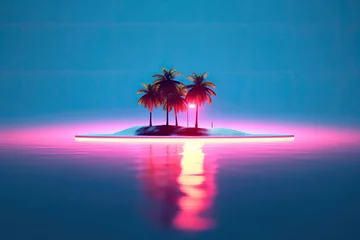 Fotobehang A small island with palm trees Neon Paradise Generative AI © shahiddzn