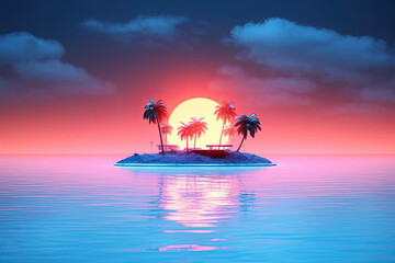 A small island with palm trees Neon Paradise Generative AI