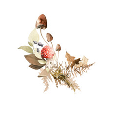 Watercolor floral bouquet. Hand painted autumn composition of forest leaves, fern, fall dried leaf, mushrooms, isolated on white background. illustration for card design, harvest print