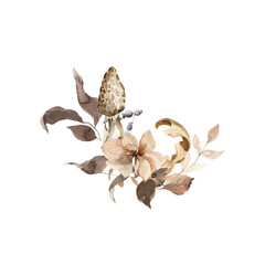 Watercolor floral bouquet. Hand painted autumn composition of forest leaves, fern, fall dried leaf, mushrooms, isolated on white background. illustration for card design, harvest print