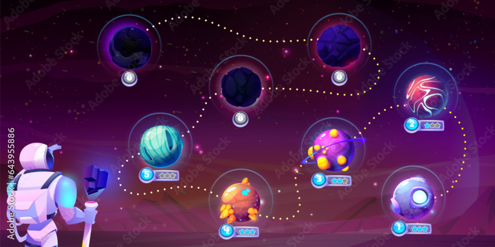 Poster space game level map with alien planets on dotted route to finish line. cartoon vector illustration 