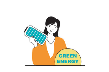 Green energy concept with people scene in flat web design. Woman uses recharging battery to saving electricity and conserve resources. Vector illustration for social media banner, marketing material.