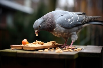 a pigeon stealing a piece of bread from a feeding tray meant for squirrels © altitudevisual