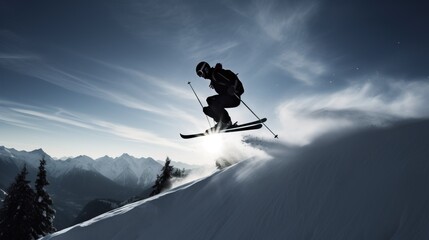 Skier in jump, background of snow-covered mountain descends in rays of the sun. AI generated.