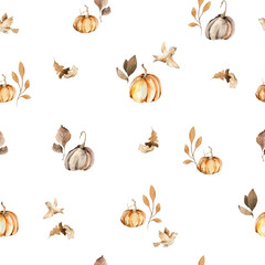 Watercolor floral seamless pattern. Hand painted autumn forest leaves, fern, fall leaf, pumpkins isolated on white background. illustration for card design, print, textile, fabric