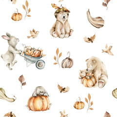 Watercolor baby seamless pattern. Hand painted autumn animals, forest leaves, bear, bunny, fall leaf, pumpkin isolated on white background. Nursery illustration for card design, print, textile, fabric