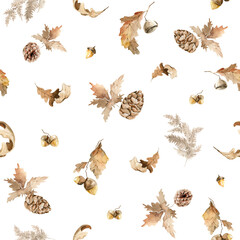 Watercolor floral seamless pattern. Hand painted autumn forest oak leaves, fern, fall leaf isolated on white background. illustration for card design, print, textile, fabric