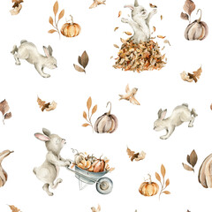 Watercolor baby seamless pattern. Hand painted autumn animals, forest leaves, bunny, fall leaf, pumpkin isolated on white background. Nursery illustration for card design, print, textile, fabric