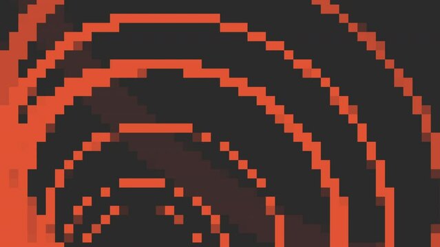 Dynamic black and orange pixel art spiral formed by triangular patterns, creates an eye-catching, energetic, and multidimensional visual composition