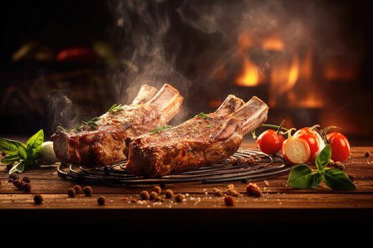 A stack of Lamb Ribs meat with smoke and pepper on the side ready to eat