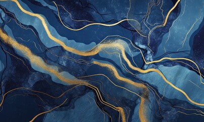 abstract background blue marble agate granite mosaic with golden veins, japanese kintsugi technique, fake painted artificial stone texture, marbled surface, digital marbling, Generative AI