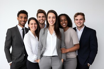 a multi cultural business team stood together on white background