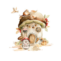 Watercolor nursery set. Hand painted house in mushroom with autumn landscape, hedgehog character, pumpkin, forest fall leaves, isolated on white background. Baby illustration for card, print, poster