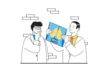 Medical service concept with people scene in flat web design. Doctor diagnoses diseases by examining lungs x-ray and consults patient. Vector illustration for social media banner, marketing material.