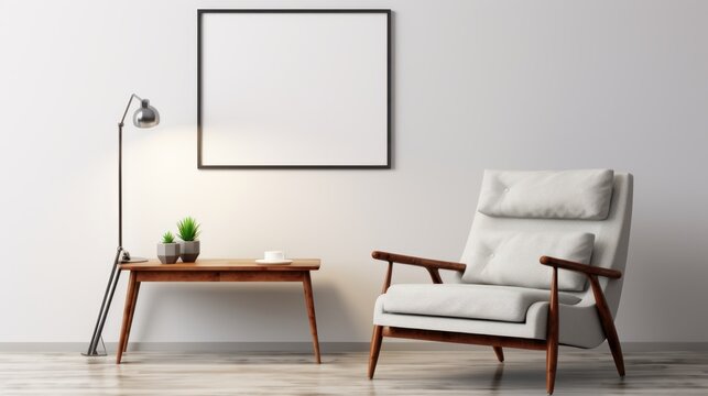 Front view of a modern minimalist scandi living room. White wall with poster template, comfortable armchair, coffee table, floor lamp, houseplants. Home decor. Mockup, 3D rendering.