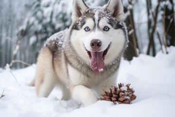 a husky in the snow, playfully biting at its tail