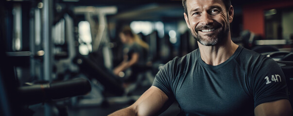 Portrait of man working out gym fitness, fitness concept. Healthy lifestyle with fitness gym and healthy life .