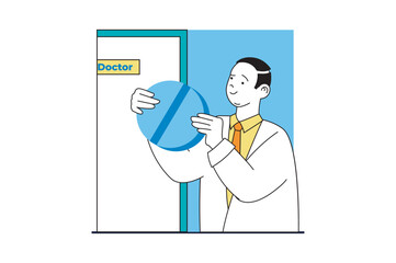 Medical service concept with people scene in flat web design. Doctor diagnosing disease for patients and making prescription of pills. Vector illustration for social media banner, marketing material.
