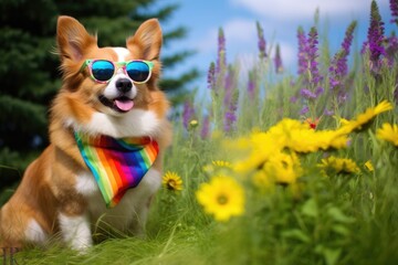 a corgi wearing rainbow sunglasses, standing in a meadow with flowers