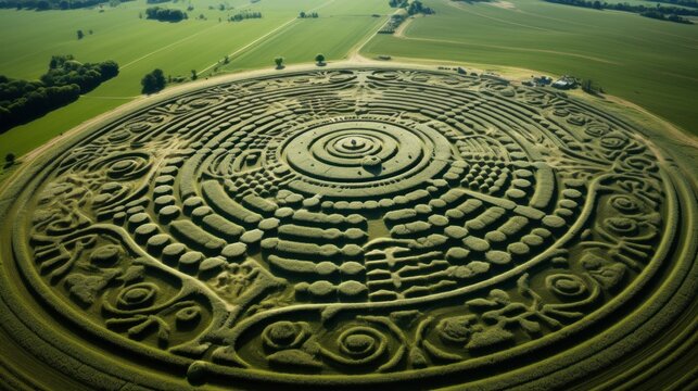 Aerial view of intricate crop circles in a vast field