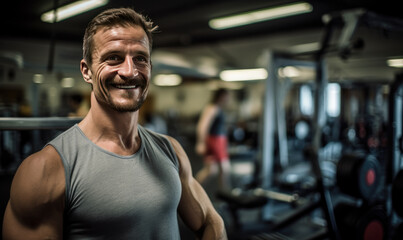 Fototapeta na wymiar Portrait of happy and healthy looking man working out in gym, fitness concept. Healthy lifestyle.