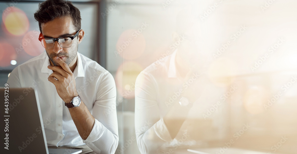 Poster banner, computer and businessman in office in reflection with mockup, bokeh and ideas on business tr