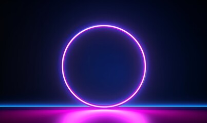 3d render, abstract neon background with fluorescent ring, blank round frame. Simple geometric shape. Laser line glowing with pink blue light, Generative AI