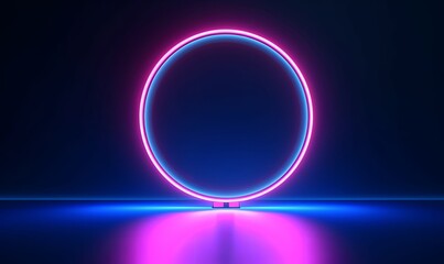 3d render, abstract neon background with fluorescent ring, blank round frame. Simple geometric shape. Laser line glowing with pink blue light, Generative AI