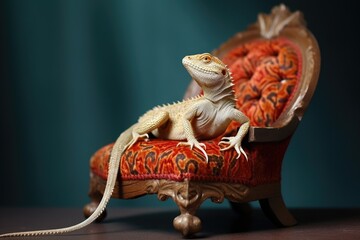 a lizard resting on a miniature designer chair