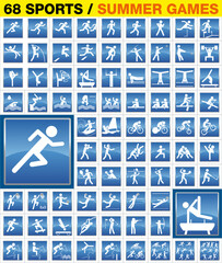 Une collection complète d’icônes ou pictogrammes de sports, pour la signalisation de toutes les compétitions pratiqués en été.