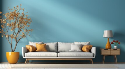 Front view of a modern minimalist japandi living room. Cian empty wall, comfortable couch with cushions, side table with lamp, exotic plant in floor vase, home decor. Mockup, 3D rendering.