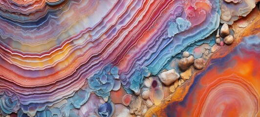 Closeup of cross section of different colorful abstract healing stone crystal quartz texture background