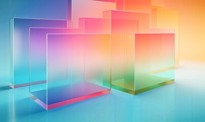 3d render, abstract geometric background, translucent glass with colorful gradient, simple flat square shapes, Generative AI