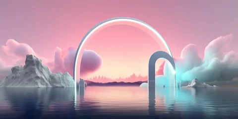 Zelfklevend Fotobehang 3d render, abstract panoramic background. Fantastic landscape with water, rocks, mirror arch, neon frame and cloud. Pastel gradient sky. Modern minimal aesthetic, Generative AI © Media Masterpieces