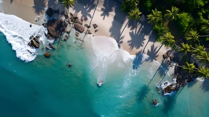 Küchenrückwand glas motiv Behold the coastal paradise as the drone soars above the shoreline. The photography reveals the azure waters, the pristine beaches, and the lush palm trees, offering a vivid depiction. © CanvasPixelDreams