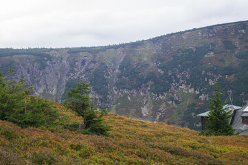 Naklejka premium Hiking in Polish national park. Giant Mountains, Poland. Karkonoski park Narodowy. Polskie góry. Hiking in Europe.