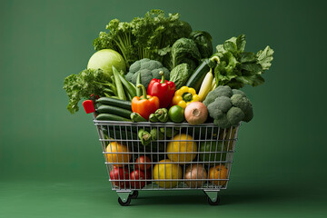 paper grocery bag with vegetables on green background