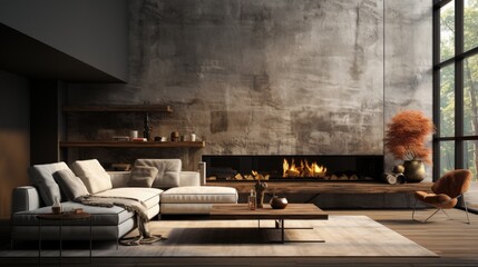 Interior of cozy minimalist living area in modern luxury cottage. Decorative wall, fireplace, corner sofa with cushions, wooden coffee table. Panoramic window with forest view. Eco home design.