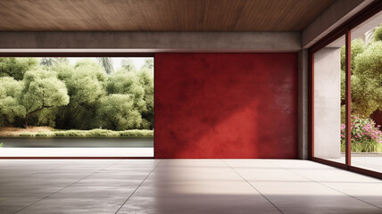 Minimalist contemporary empty room with cherry red wall, Wood ceiling, Clean bright interior design | Generative AI