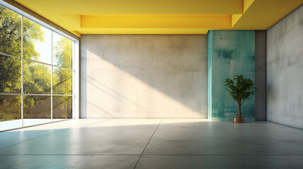 Modern contemporary empty room with bright yellow ceiling, Sunny stone and blue walls | Generative AI