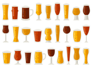 Different beer glasses, mug and pint cup with foamy alcohol craft drink lager or ale isolated set