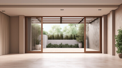 Modern interior with large sliding patio doors, Naturalist conceptual minimalism, Empty room | Generative AI