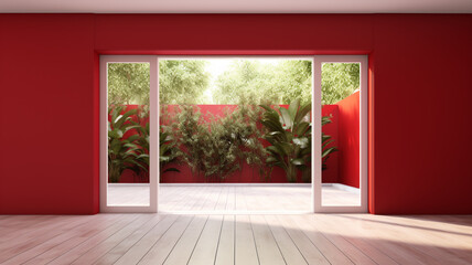 Modern contemporary empty red room, Open doorway with tall plants, Sleek minimalist interior | Generative AI