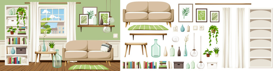 Living room interior with green walls, a sofa, a white bookcase, a window, and houseplants. Cozy room interior design. Furniture set. Interior constructor. Cartoon vector illustration