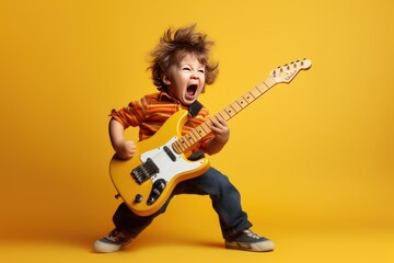 Little Boy Rocks Out on Electric Guitar - obrazy, fototapety, plakaty