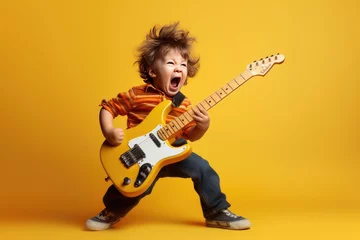 Fotobehang Little Boy Rocks Out on Electric Guitar © _veiksme_