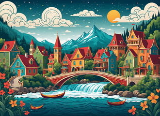 Fototapeta premium illustration of the village next to the river, flat color,
