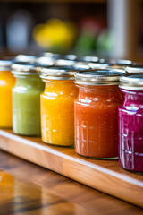 A close-up of colorful fruit purees in small jars ready to nurture and nourish growing little ones 