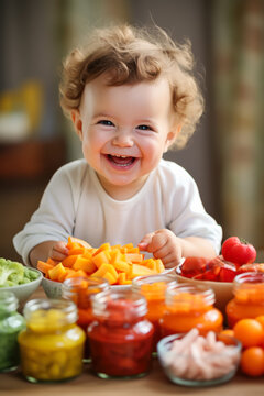A close-up photo of a happy baby trying a variety of colorful and nutritious vegan and vegetarian purees 