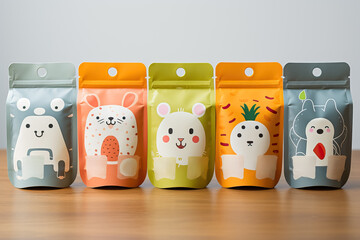 A close-up shot of a variety of creatively designed baby food pouches showcasing colorful labels and playful illustrations 